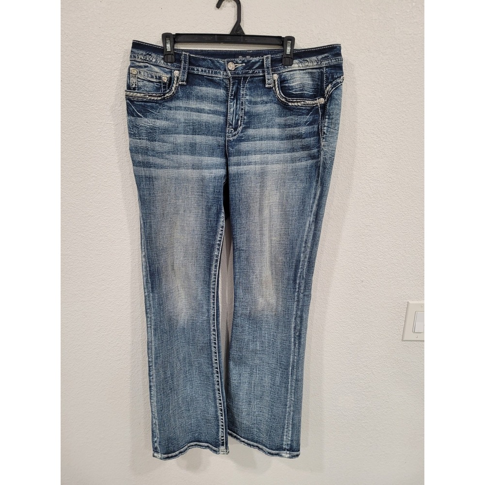 Miss Me Low Rise Bootcut Jeans Medium Wash Embellished Flap Pocket 34 J9421BR #P